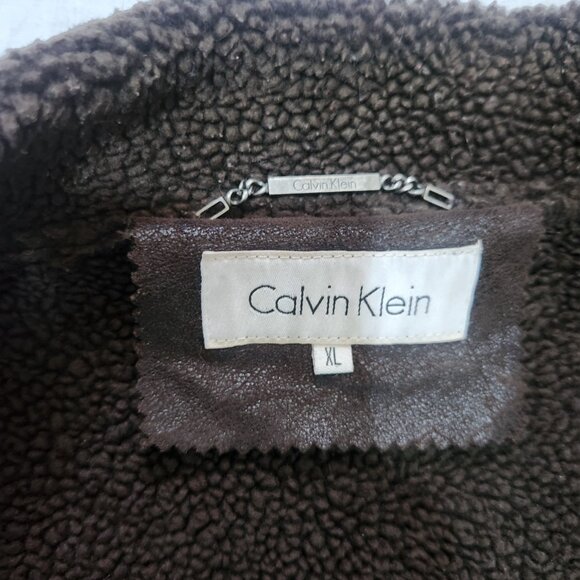 Calvin Klein Coat Mens Size XL Brown Button Up Polyester Faux Sherpa Lining - Picture 8 of 10